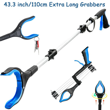 43 inch Extra Long Grabber Reaching Tool,Foldable Pick up Stick with Strong Grip Magnetic,360°Rotating Anti-Slip Jaw,Trash Claw Reacher Grabber Tool,Trash Picker Tool (Blue)
