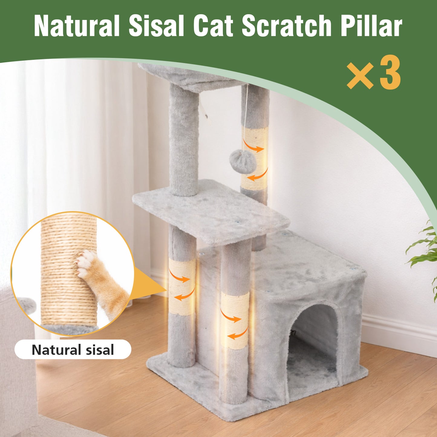 Cat Tree, Multi-Level Cat Tree Tower, Indoor Activity Center with Sisal Scratching Posts, Condos, Plush Perches, Hanging Cat Toys, Gray