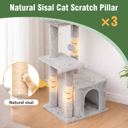 Cat Tree, Multi-Level Cat Tree Tower, Indoor Activity Center with Sisal Scratching Posts, Condos, Plush Perches, Hanging Cat Toys, Gray