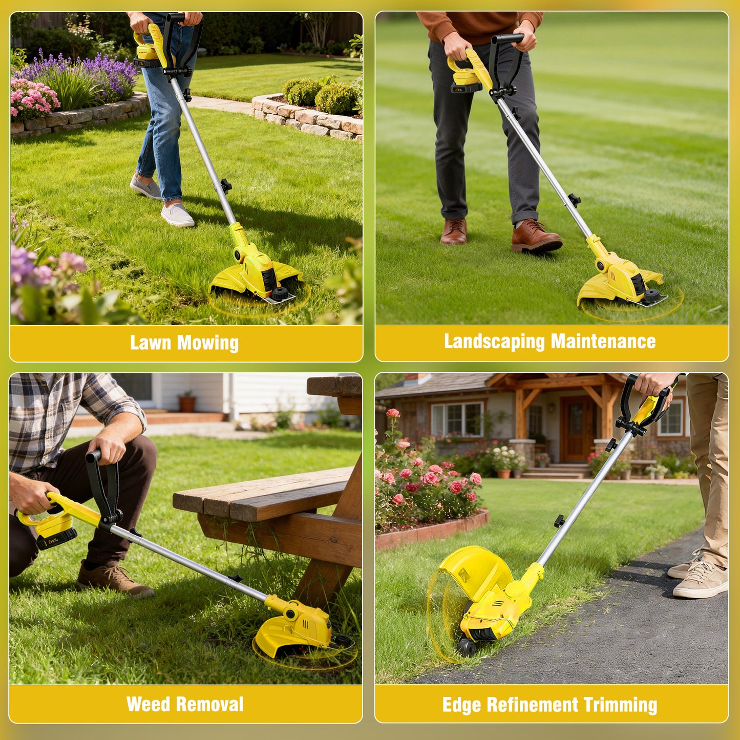 CATGOOD 21V Weed Eater Cordless, 2AH Electric Weed Wacker with 2 Batteries, 3-in-1 Lawn Edger with Auto Line Feed, Foldable String Trimmer with Fast Charger, Yellow
