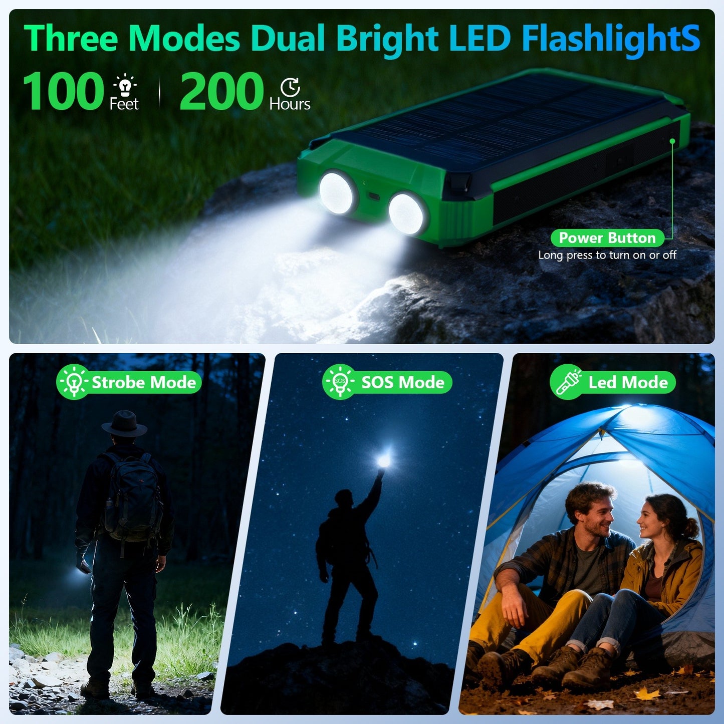 Power Bank Wireless Charger 46800mAh Built in 4 Cables Six Outputs 15W Fast Charging Power Bank for All Mobile Devices Three Inputs Solar Portable Charger with Dual Flashlights, Carabiner(Green)