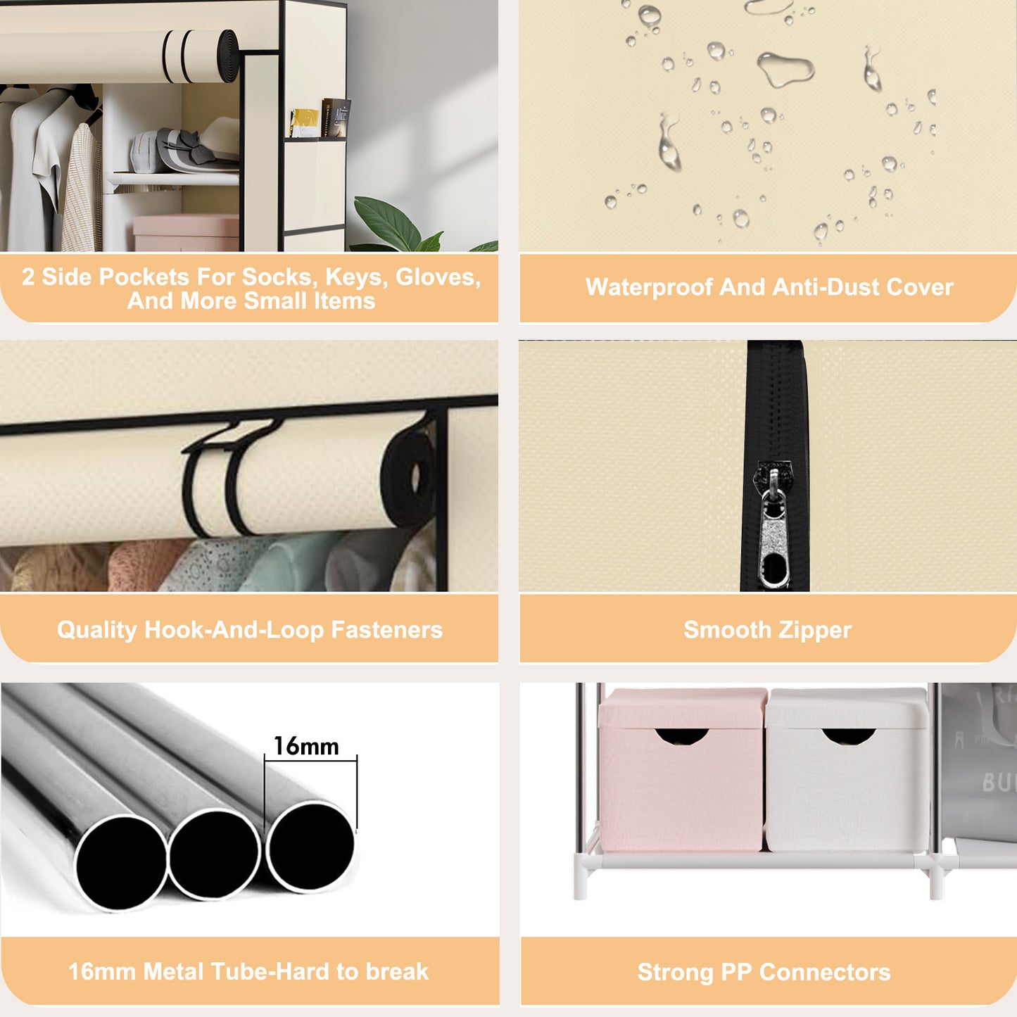 BAOKALER Wardrobe Closet Storage, Hanging Closet organizer, Clothes Rack with Cover, Tool-Free Assembly Clothes Storage for Home Bedroom Living Room, Beige