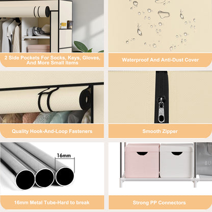BAOKALER Wardrobe Closet Storage, Hanging Closet organizer, Clothes Rack with Cover, Tool-Free Assembly Clothes Storage for Home Bedroom Living Room, Beige