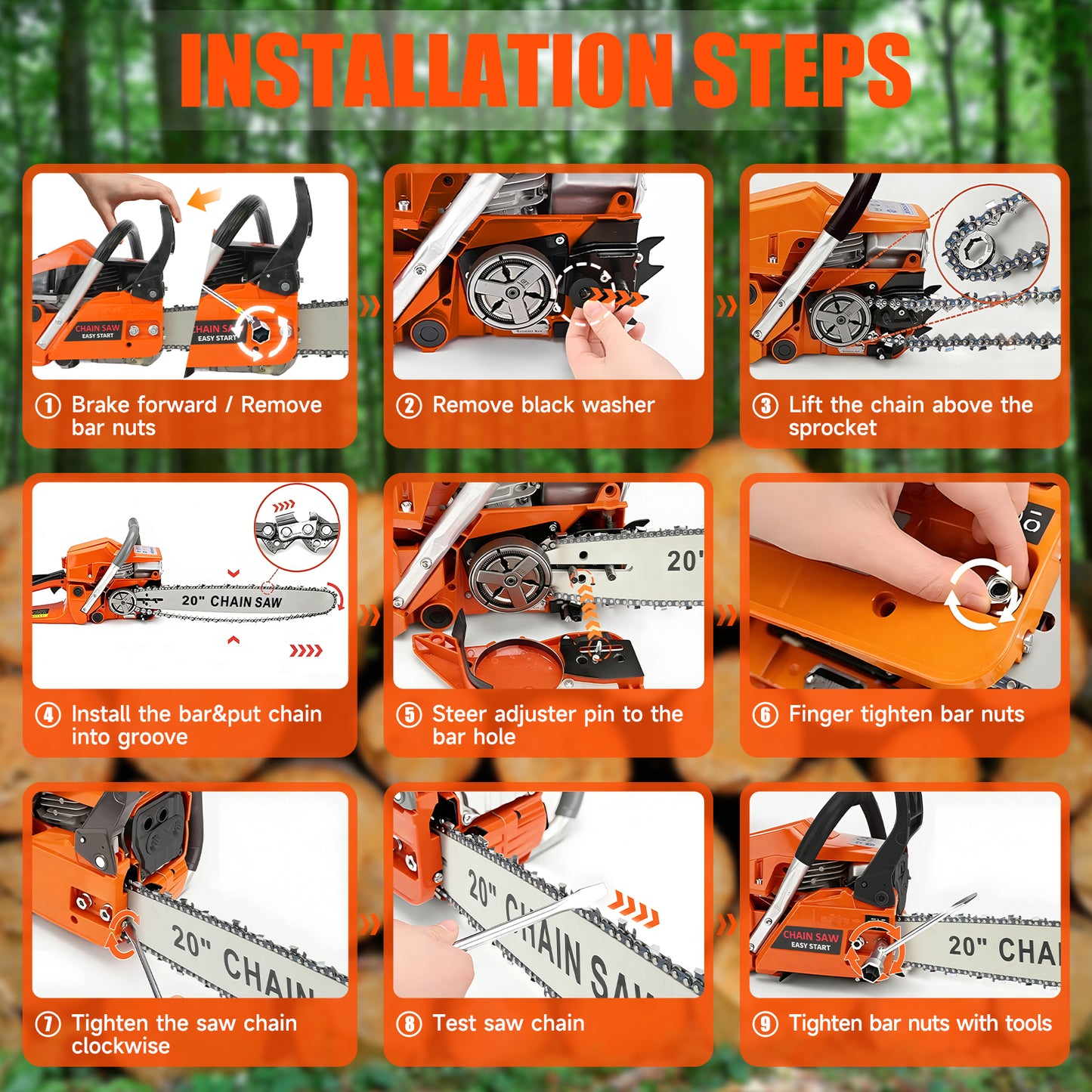 BAOKALER Cordless Gas Chainsaw 20-Inch 62CC, 2-Stroke Engine for Wood Cutting, EPA Certified with 2 Chains, Orange
