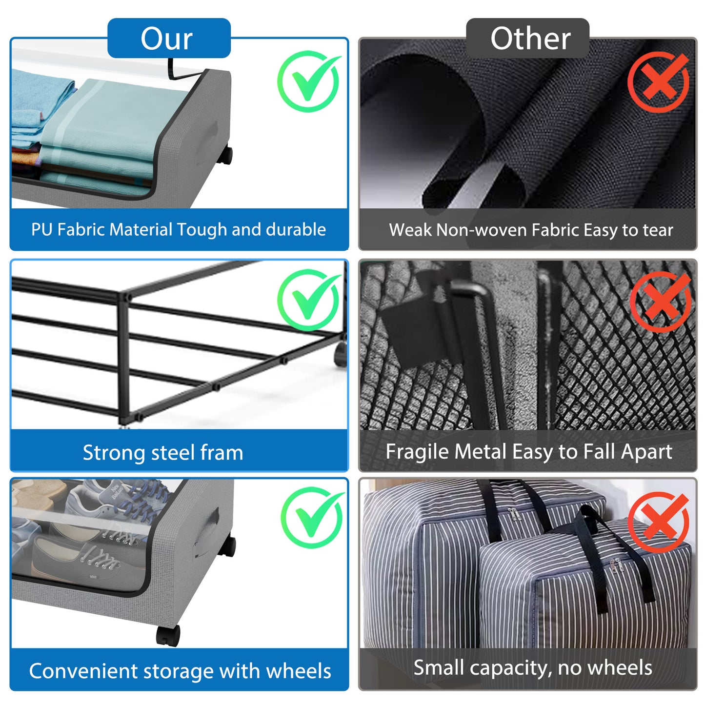 Under Bed Storage with Wheels, 2 Pack Under Bed Storage Containers, Under Bed Shoe Storage Organizer, Rolling Under Bed Metal Drawer for Clothes, Gray