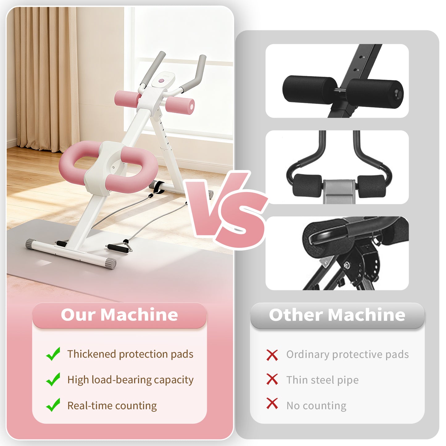 ALSO GO Ab Machine, Adjustable Ab Trainer Machine, Abdominal Workout Equipment with LED Display, 300 lb Foldable Abdominal Core Equipment with Resistance Bands, Pink