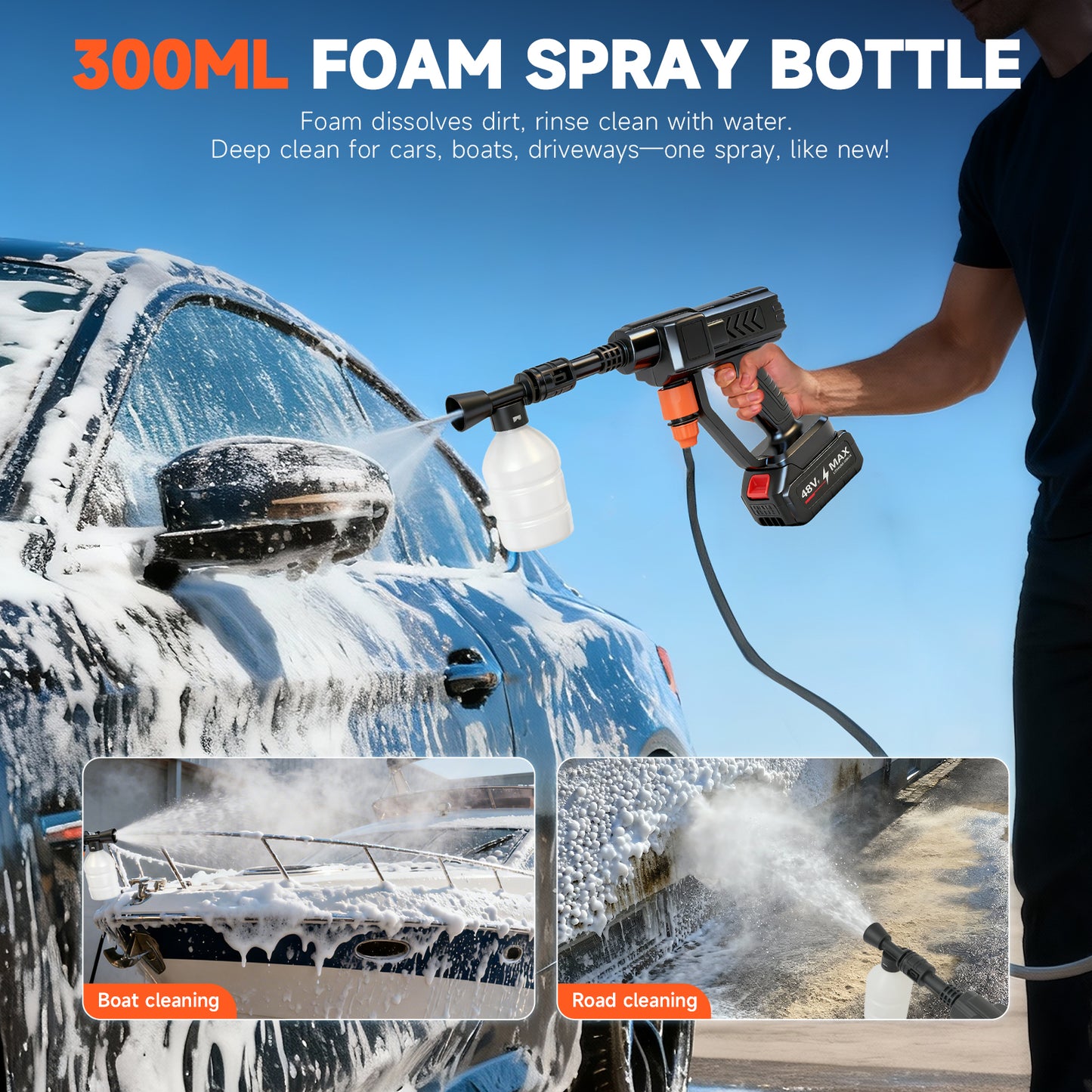 Cordless Pressure Washer, 900PSI Portable Power Washer with 2PCS 4.0Ah Batteries, High Power Handheld Washer with 6-in-1 Adjustable Nozzle for Car, Garden, Home