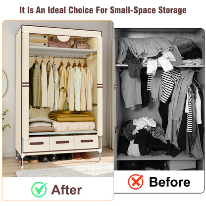 Durable Clothes Storage, Non-Woven Fabric Portable Closet Hanging Closet Organizers and Storage, Easy to Assemble, Includes 3 Storage Drawers, Ideal for Rentals, Dorms, Bedrooms, Beige