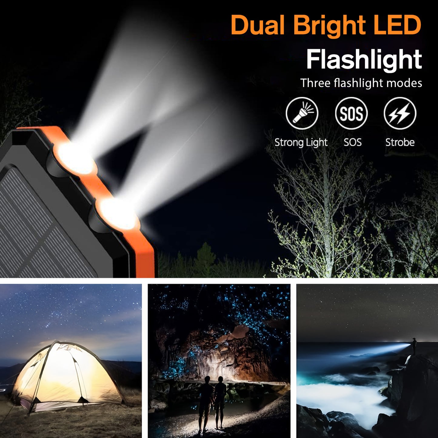 2PK BAOKALER 30000mAh Solar Charger for Cell Phone iPhone, Portable Solar Power Bank with Dual 5V USB Ports, 2 Led Light Flashlight, Compass Battery Pack for Outdoor Camping Hiking(Orange)
