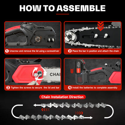 BAOKALER 12" 1800W Cordless Chainsaw, Handheld Electric ChainSaws with 2 x 2.0Ah Batteries & Fast Charger, 3 Chains & 2 Guide Bars, for Wood Cutting, Tree Pruning and Trimming, Red