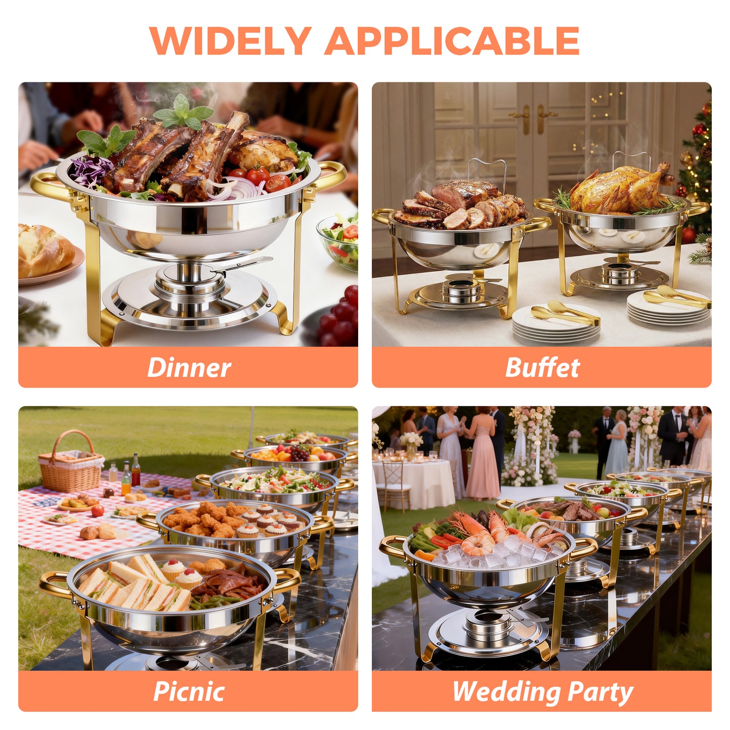 CATGOOD Chafing Dish for Buffet 1 Pack, 5.3QT Round Chafing Dish Buffet Set for Parties, Gold Stainless Steel Buffet Server and Warmer with 1 Serving Tong