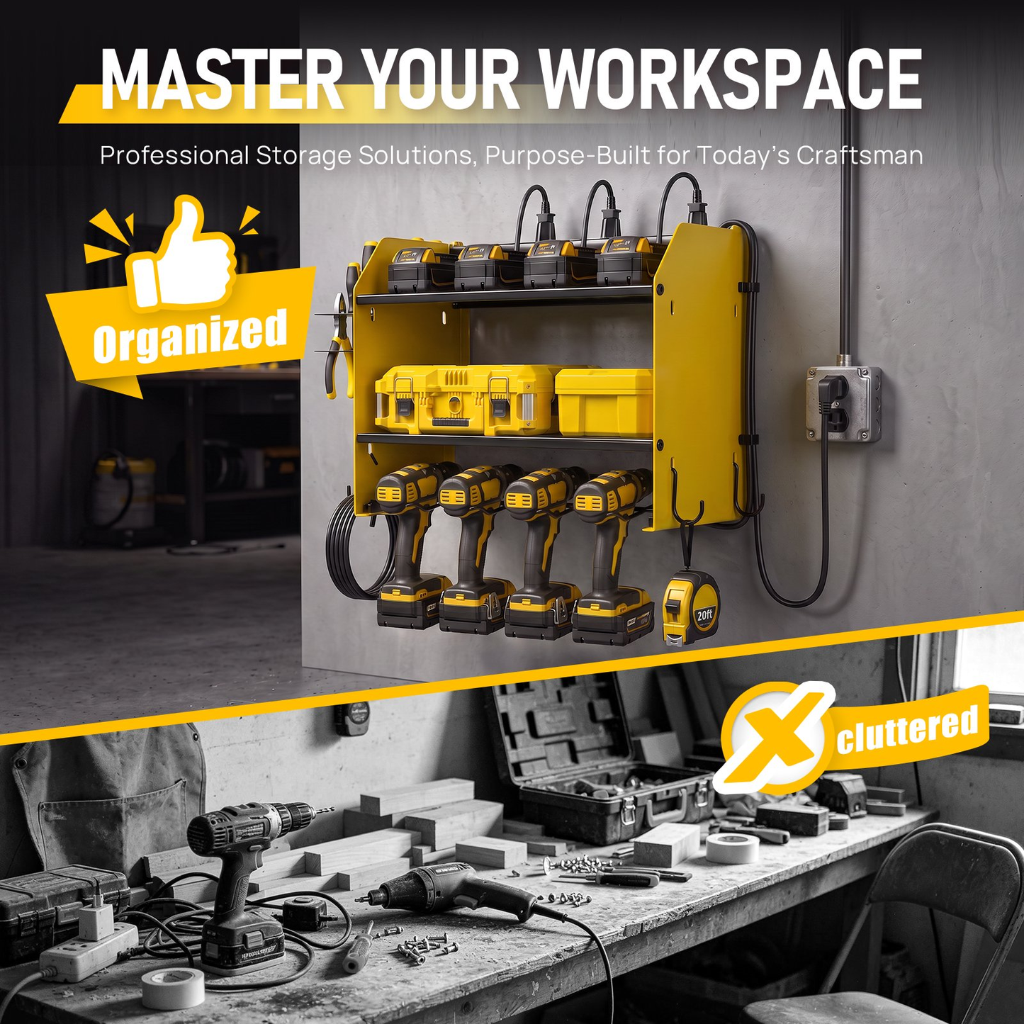 Power Tool Organizer Wall Mount with Charging Station,Tool Storage Rack with 8 Outlet Power Strip, 4 Drill Holder Wall Mount for Garage Organization(Yellow)