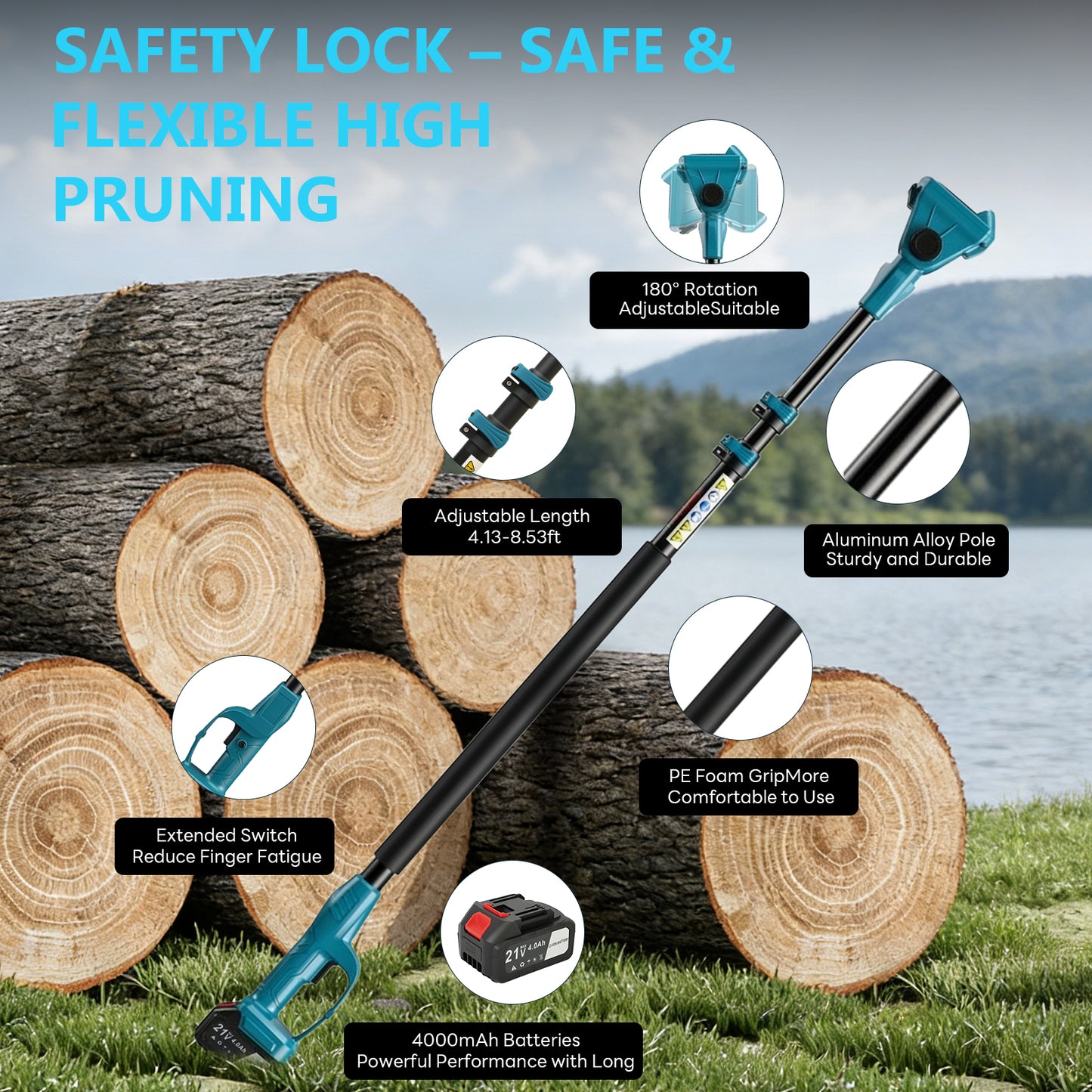 4-in-1 Cordless Pole Saw & Electric Pruning Shears, 8.53FT Telescoping Pole 180¡ã Rotating Head, 8 inch Cordless Tree Trimmer with 2¡Á4.0Ah Batteries for Garden Pruning