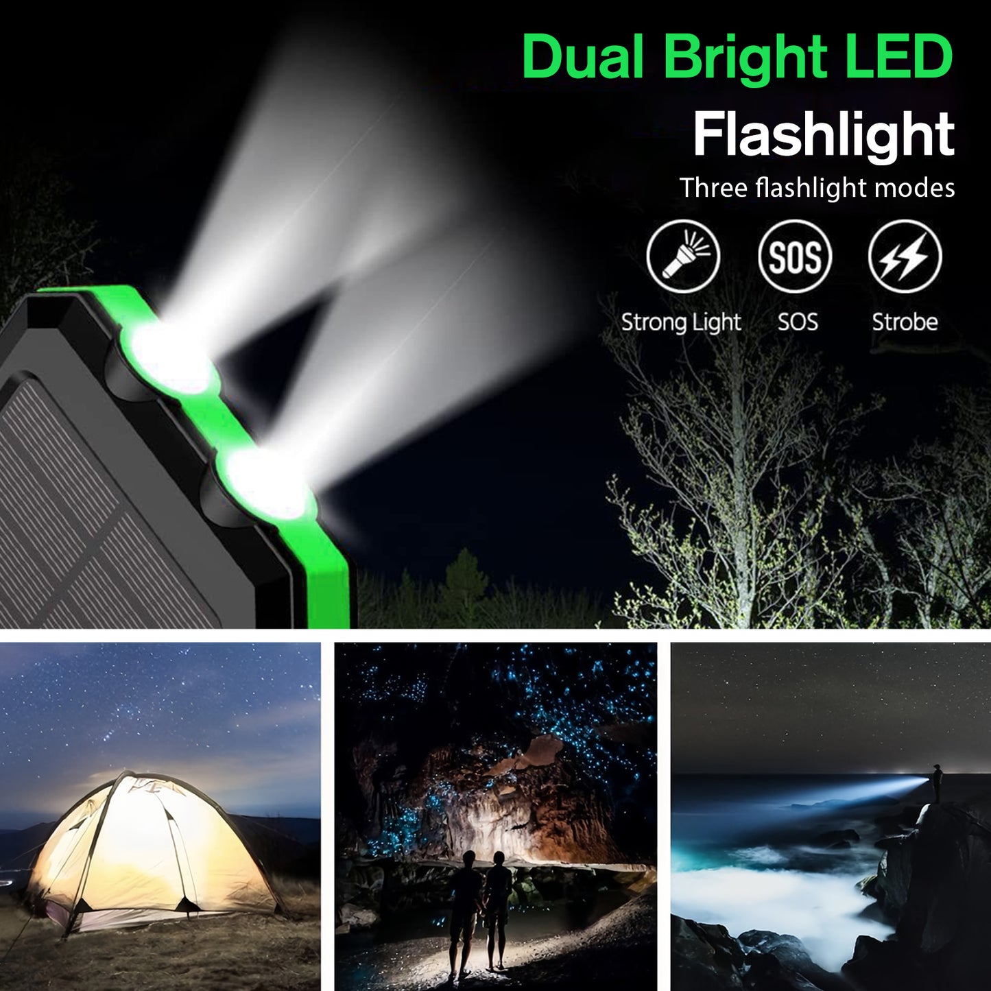 2PK BAOKALER 30000mAh Solar Charger for Cell Phone iPhone, Portable Solar Power Bank with Dual 5V USB Ports, 2 Led Light Flashlight, Compass Battery Pack for Outdoor Camping Hiking(Green)