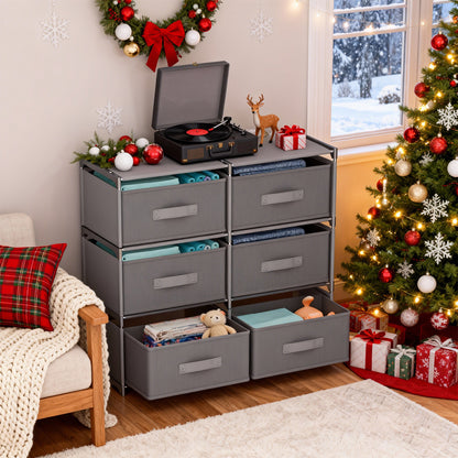 BAOKALER Clothes Drawer Dresser with 6 Drawers, Double Row Non-Woven Fabric Dresser for Bedroom, Hallway, Entryway, Closets, Sturdy Steel Frame, Wood Top, Gray