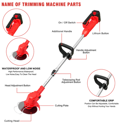 21V Cordless String Trimmer With 2 X 1.5ah Battery And Charger, Electric Weed Wacker Battery Powered Weed Eater String, Mover For Yard, Garden, Red