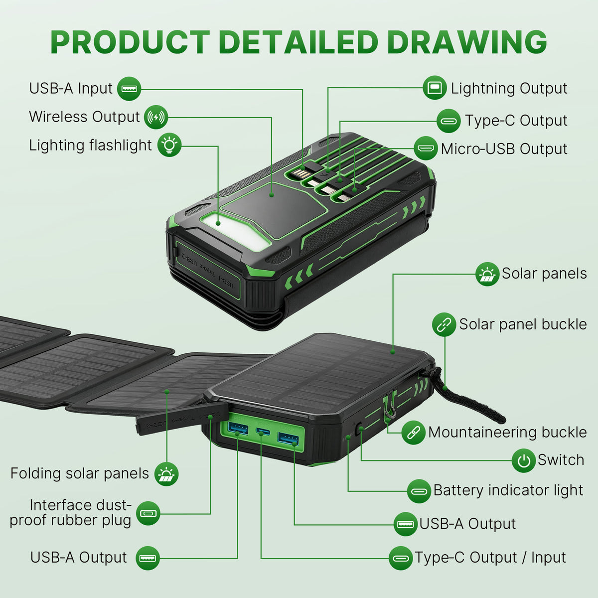 Solar Power Bank 46800mAh, PD15W Fast Charging Solar Charger with 4 Built-in Cables & Wireless Charging, Portable Solar Charger for Cell Phone, Solar Battery Pack for Camping (Green)