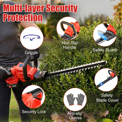 22" Cordless Hedge Trimmer with 180～ Rotatable Head, 21V Electric Bush Trimmer with 2 x 2000mAh Batteries, 1000W 24000r/min Motor, 69Mn Steel Blade for Garden Yard, Red