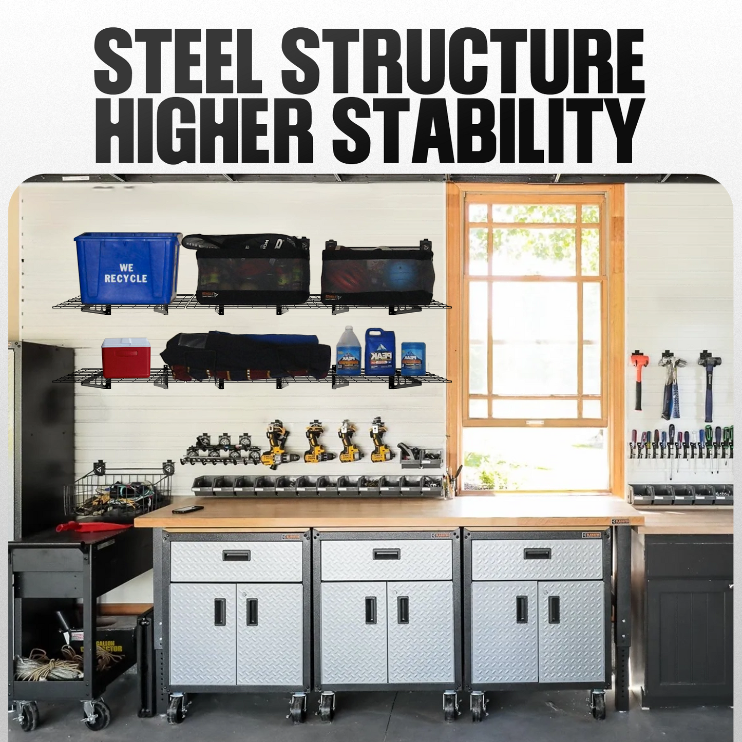 2x6ft Garage Shelving Wall Mounted, 72" x 24" Metal Garage Storage Rack, Industrial Floating Shelves with Wire Grids, 800 Lbs Weight Capacity, Black