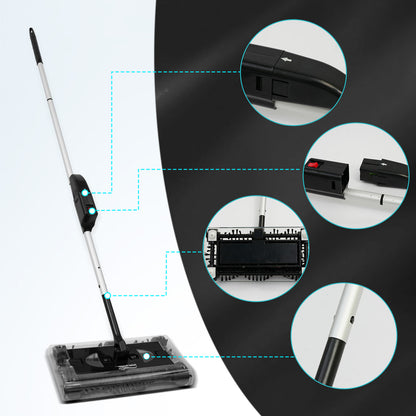CATGOOD Cordless Rechargeable Floor Sweeper, Manual Floor Sweeper Lightweight Floor Cleaner with Low Profile Body to Reach Under Furniture, Black