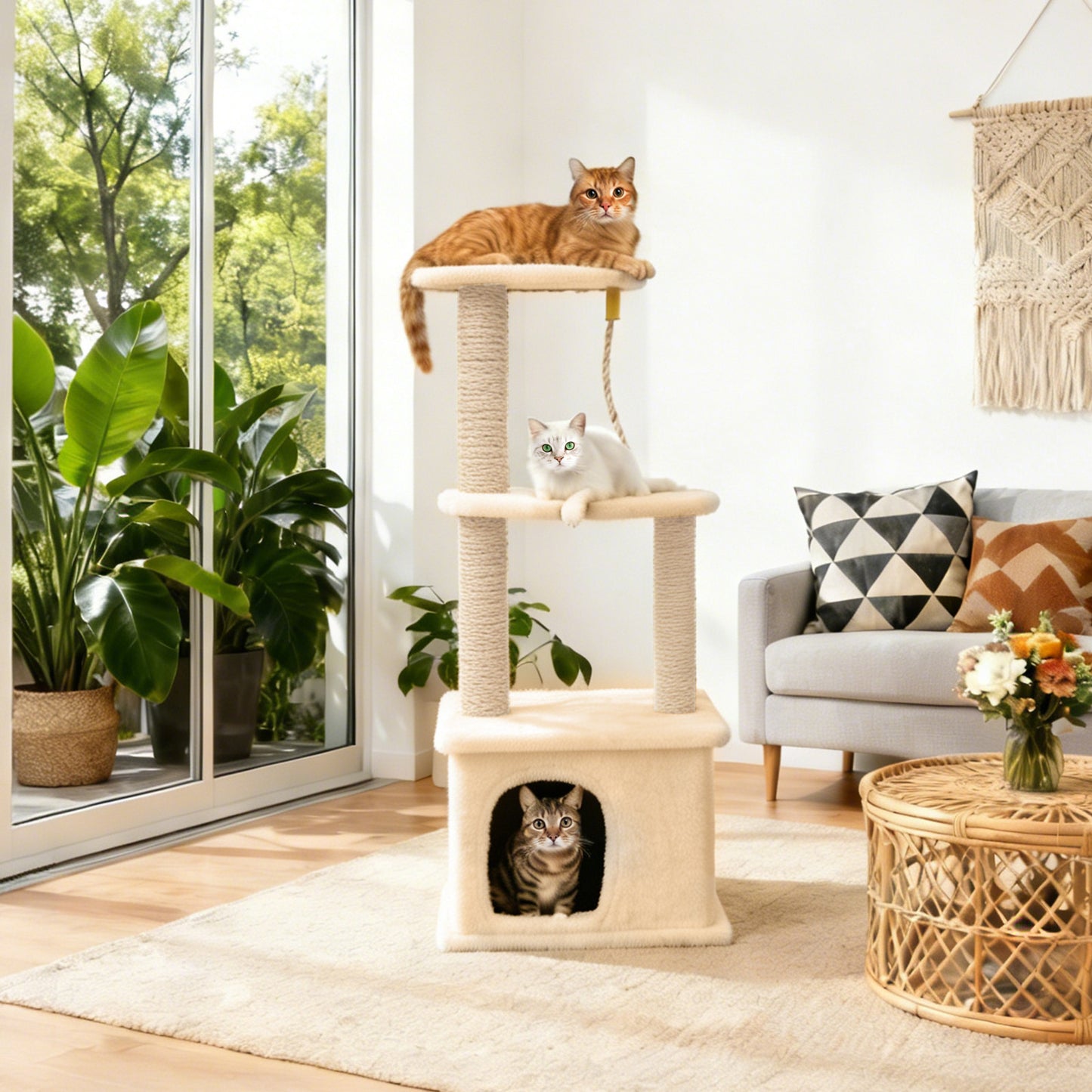 Cat Tree with Condo and Sisal Post, Multi-Level Cat Tower with Top Perchs, Cratching Post for Indoor Cats, Beige