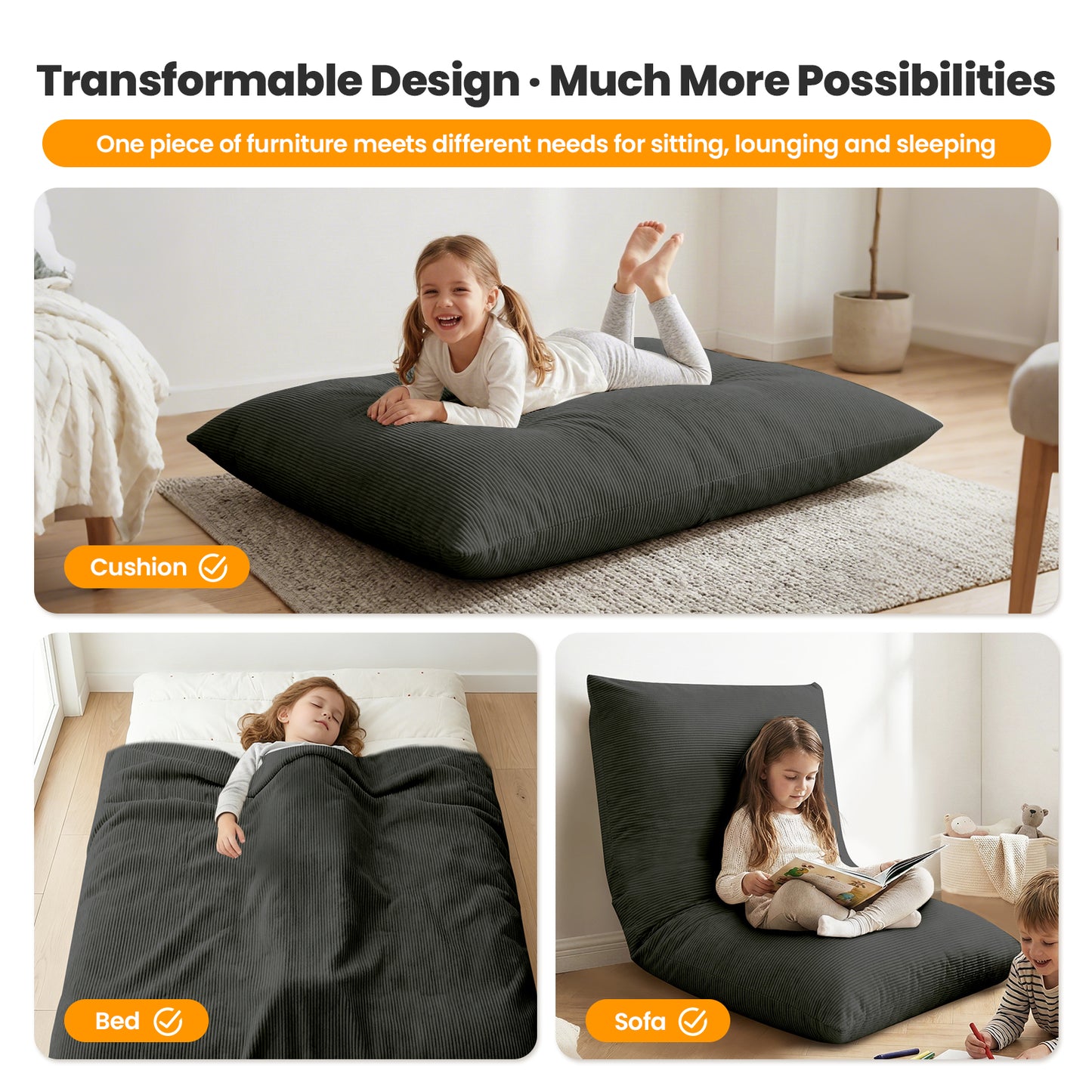 CATGOOD 3-in-1 Bean Bag Chair for Kids Adults, Convertible kids chair with Skin Friendly Fabric for Living Room, Bedroom, Gray