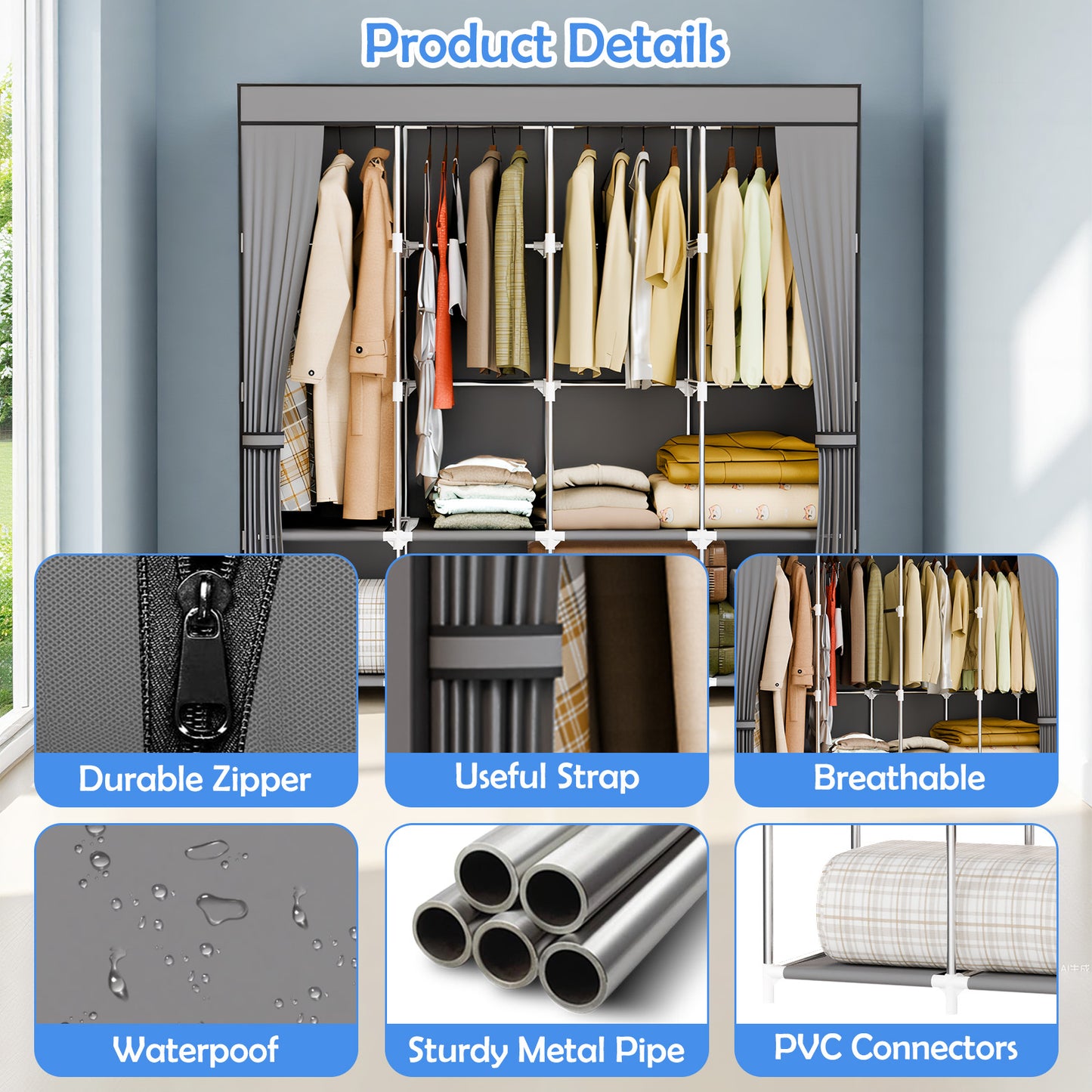 BAOKALER 67-Inch Wide Wardrobe Closet with 4 Hanging Rods & 8 Shelves, Non-Woven Fabric Hanging Closet Organizer, 16mm Steel Tube Clothing Rack for Bedroom, Living Room, Closet, Garage, Dorm, Gray