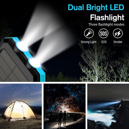 BAOKALER 30000mAh Solar Charger for Cell Phone iPhone, Portable Solar Power Bank with Dual 5V USB Ports, 2 Led Light Flashlight, Compass Battery Pack for Outdoor Camping Hiking(Blue)