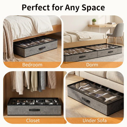 Under Bed Shoe Storage Organizer, 2 Pack Foldable Underbed Shoes Containers with Handle,Shoe Rack Organizer Total Fits 24 Pairs of Shoes, Gray