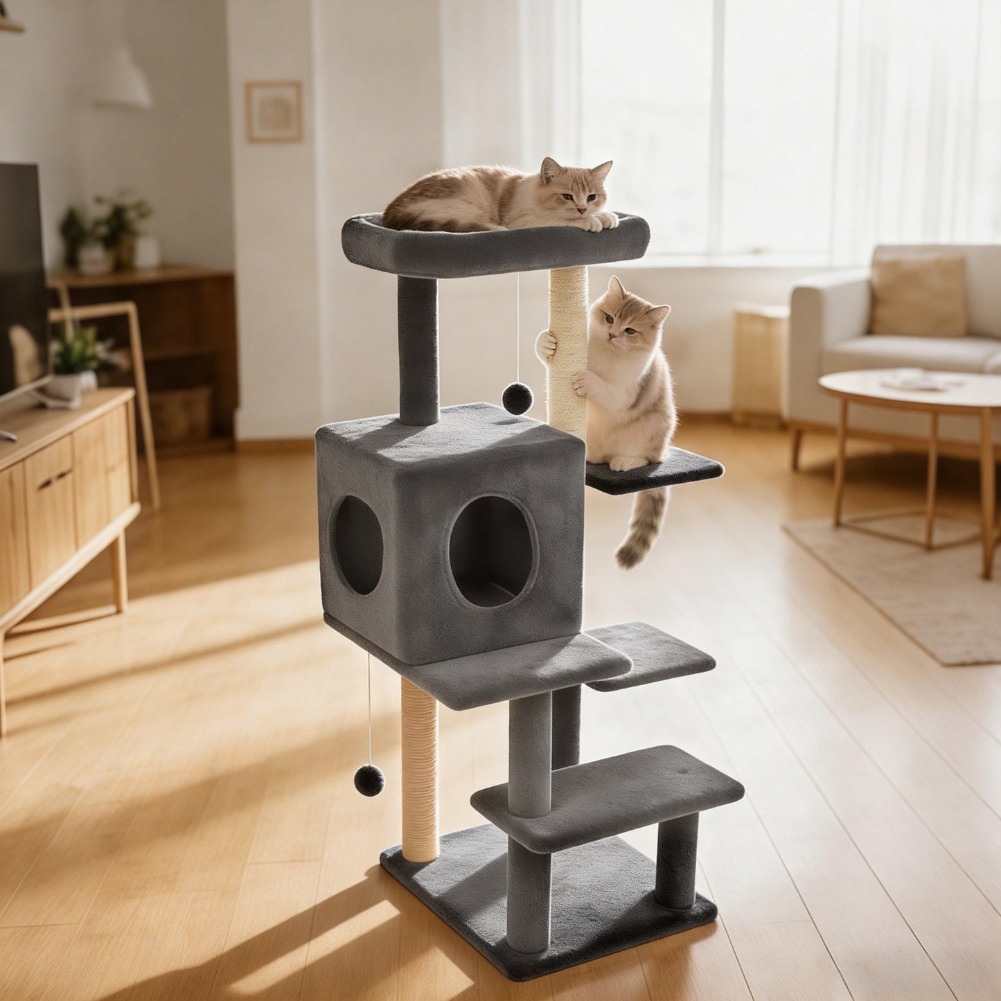 Sturdy 40-inch Cat Tree Tower with Cat Cave & Ramp Steps - Multi-Level Play & Sleep Center for Large Indoor Cats, Dark Gray