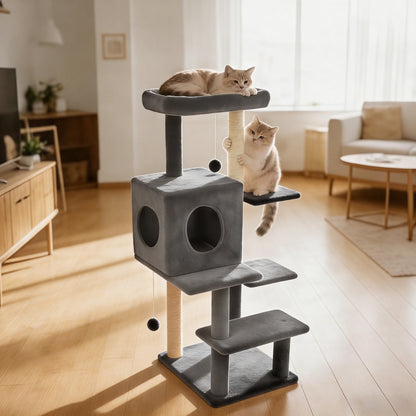 Sturdy 40-inch Cat Tree Tower with Cat Cave & Ramp Steps - Multi-Level Play & Sleep Center for Large Indoor Cats, Dark Gray