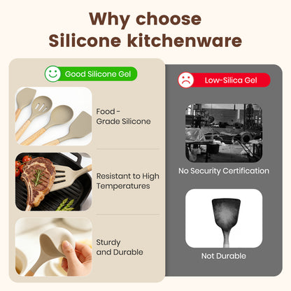 Silicone Cooking Utensils Set with Holder, 44 PCS Kitchen Utensils Set, Silicone Kitchen Gadgets Spatulas Set for Nonstick Cookware, Khaki