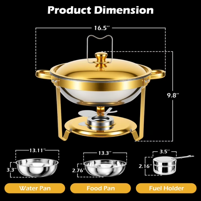 Round Half-Gold Plated Stainless Steel Chafing Dish with Stainless Steel Lid, Buffet Warmer Set, 6-Pack, for Home Gatherings, Christmas Parties, Catering Events