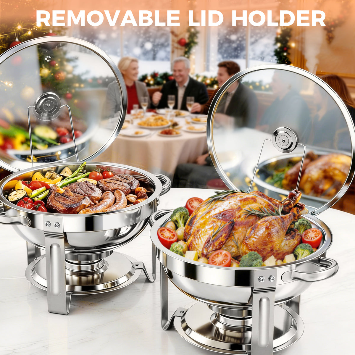 CATGOOD Chafing Dish Buffet Set, 5 Qt 2 Pack, Stainless Steel Chafer with 2 Full Size Pan, Round Catering Warmer Server with Glass Lid Water Pan Folding Stand Fuel Holder, for Wedding Party Banquet