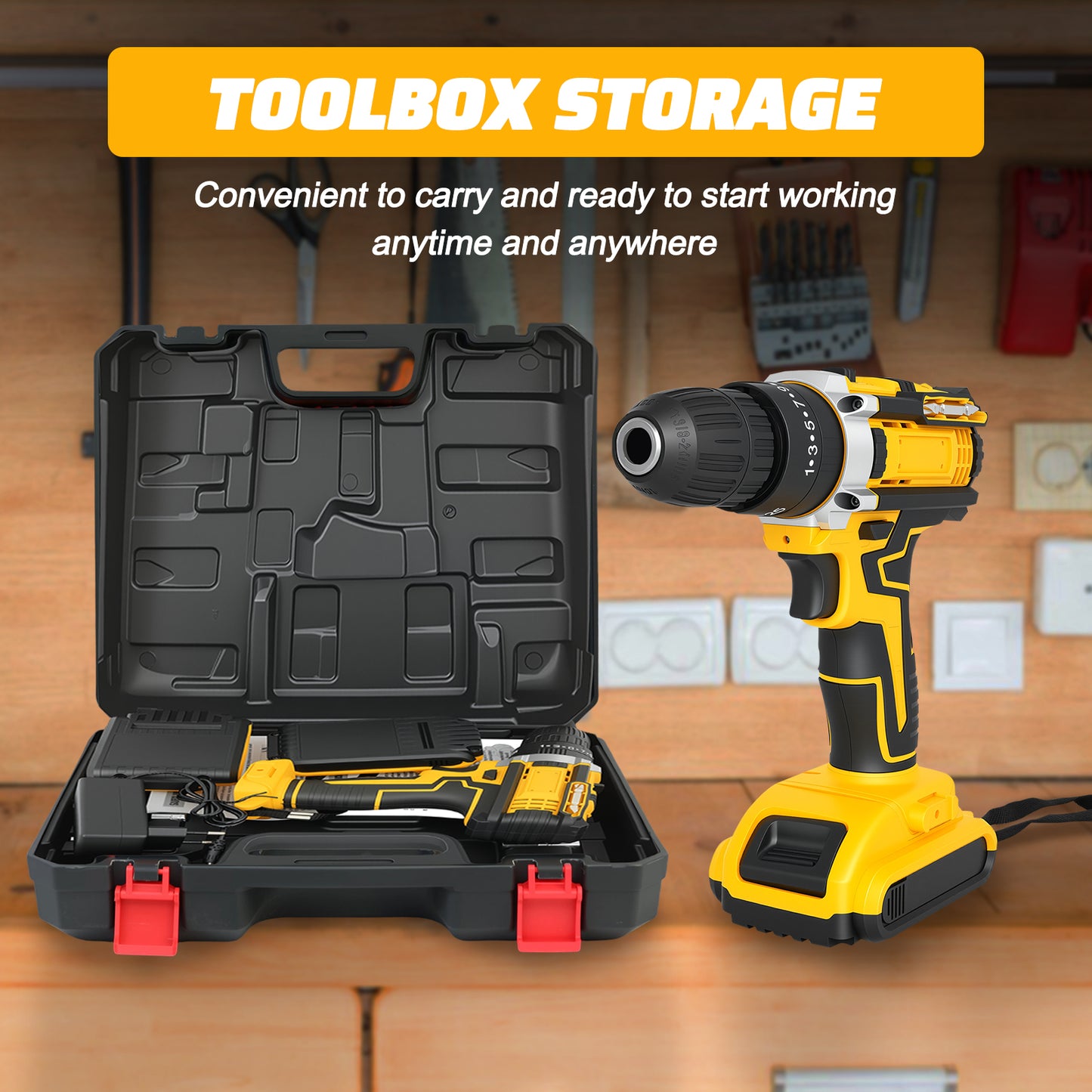 21V Cordless Drill Set, Electric Power Drill 50Nm with 3/8 Inch Keyless Chuck, 25+1 Clutch Compact Driver Drill with Work Light, Dual-Speed Power & 2 Battery and Fast Charger