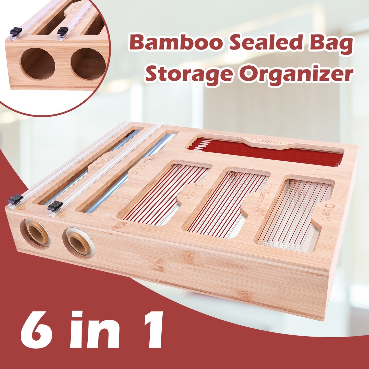 Bamboo Sealed Bag Ziplock Bag Storage Organizer for Kitchen Drawer,6 In 1 Wrap Dispenser Organizer With Cutter for Kitchen Drawer,Plastic Bag Storage for Gallon, Quart, Sandwich, Snack