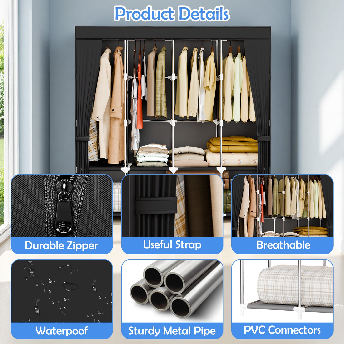BAOKALER 67-Inch Wide Portable Closet Organizers and Storage with 4 Hanging Rods & 8 Shelves, Multi-Functional Wardrobe Clothes Storage for Bedroom, Living Room, Closet, Garage, Dorm, Black
