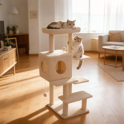 Sturdy 40-inch Cat Tree Tower with Cat Cave & Ramp Steps - Multi-Level Play & Sleep Center for Large Indoor Cats, Beige