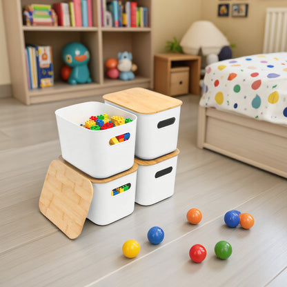 CATGOOD 2PCS Premium Minimalist Storage Boxes with Bamboo Lids, Plastic Storage Baskets, White Stackable Storage Bins with Lids for Kitchen, Cabinet, Bathroom, 10.24"x7.09"x6.3"
