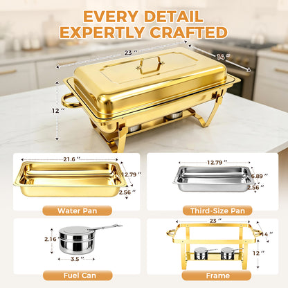Gold Chafing Dish Buffet Set 4 Pack, 9QT Rectangular Stainless Steel Chafing Dishes with 3 Compartments, Party Food Warmer Buffet Set for Buffet Restaurants, Hotel Dining, Banquets