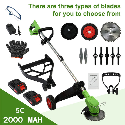 BAOKALER Electric Weed Eaters Cordless, Battery Powered Weed Wacker with Charger, Grass Trimmer with Supporting Wheels, Grass Cutting Machine with 2 Batteries for Yard and Garden, Green