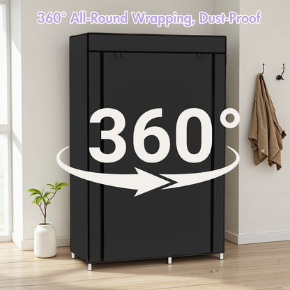 BAOKALER Portable Closet Organizer with 6 Shelves & 1 Hanging Rod, Non-woven Fabric Wardrobe Clothes Storage with 4 Side Pockets for Bedroom, Living Room, Cloakroom, Dorm, Apartment, Black