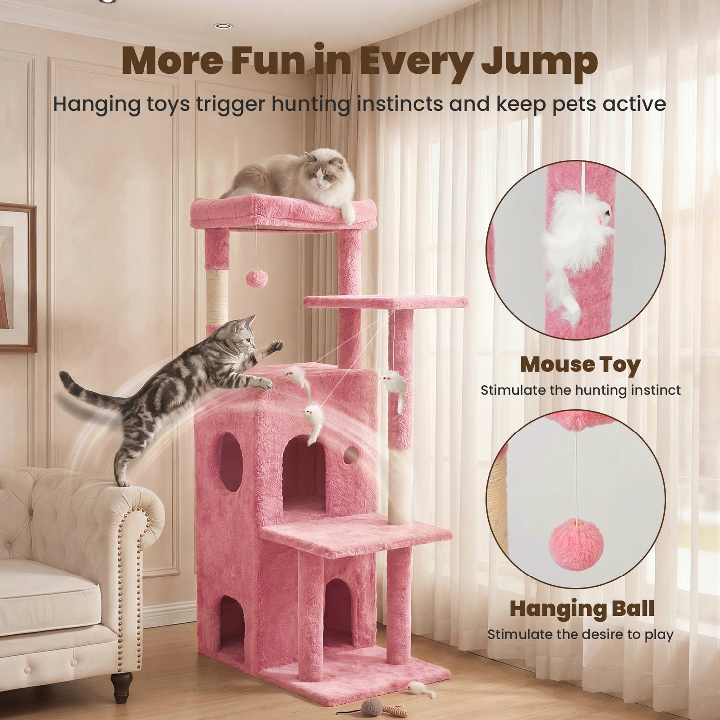 50-inch Pink Cat Tree Tower, Multi-Level Cat Stand with Sisal Scratching Posts & Balls for Playing