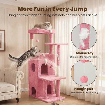 50-inch Pink Cat Tree Tower, Multi-Level Cat Stand with Sisal Scratching Posts & Balls for Playing
