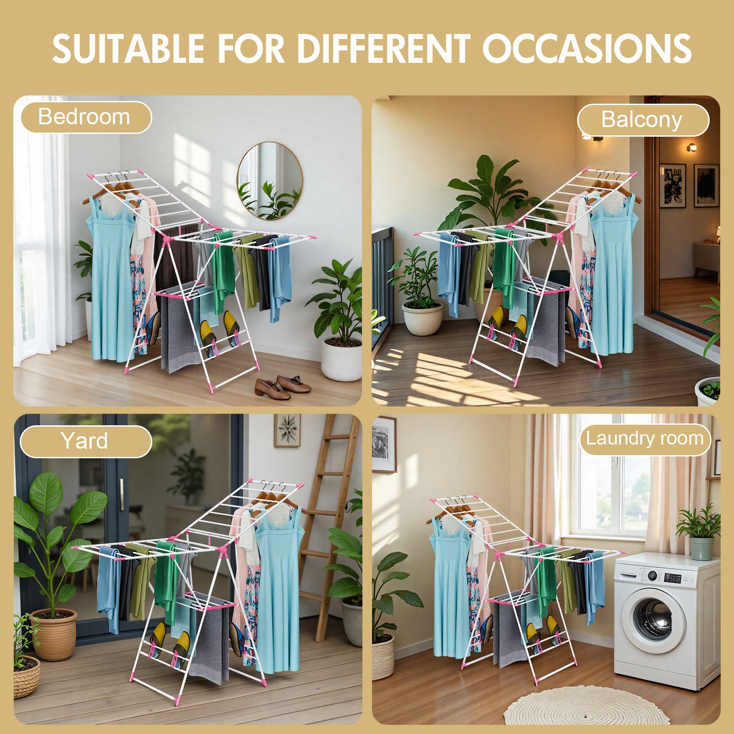 2-Tier Collapsible Clothes Drying Rack, Height-Adjustable Laundry Rack for Drying, Rustproof Clothes Dryer Hanger with Wings for Home, Red
