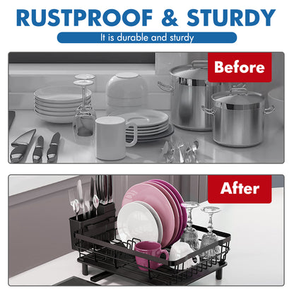Dish Rack Dish Drainers for Kitchen Counter, 16.9''L x 13''W x 5.9''H Dish Rack with Drain , Dish Drying Rack Drain with Utensil Holder, Cup Holder, Kitchen Dishes Storage and Organizers