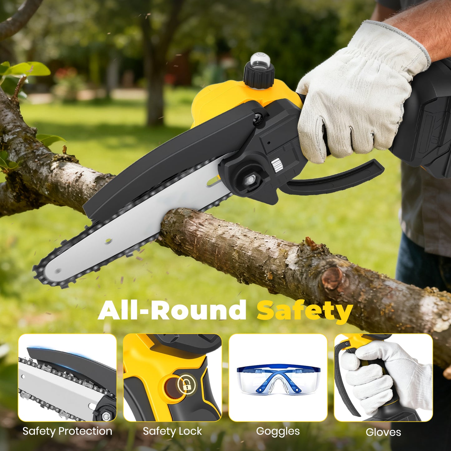 Mini Chainsaw Cordless, 6 inch & 4 inch Portable Electric Chainsaw with 2 Rechargeable Batteries and 3 Chains, for Tree Trimming Wood Cutting, Best Gifts for Father, Dad, Husband, Men, Yellow