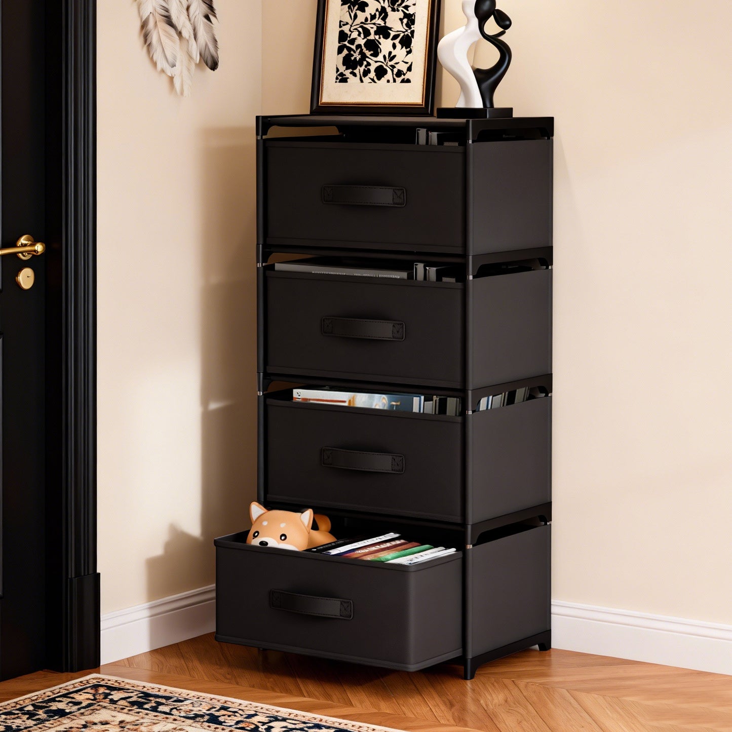 CATGOOD Fabric Dressers for Bedroom with 4 Drawers, Multifunctional Bedroom Storage Cabinet Drawers for Clothes, Small Dresser for Living Room, Hallway, Black