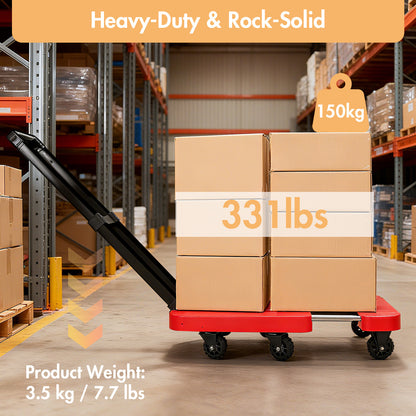 BAOKALER Folding Hand Truck, Heavy Duty Dolly Cart, Push Dolly Cart Foldable Platform with 6 Wheels, Red