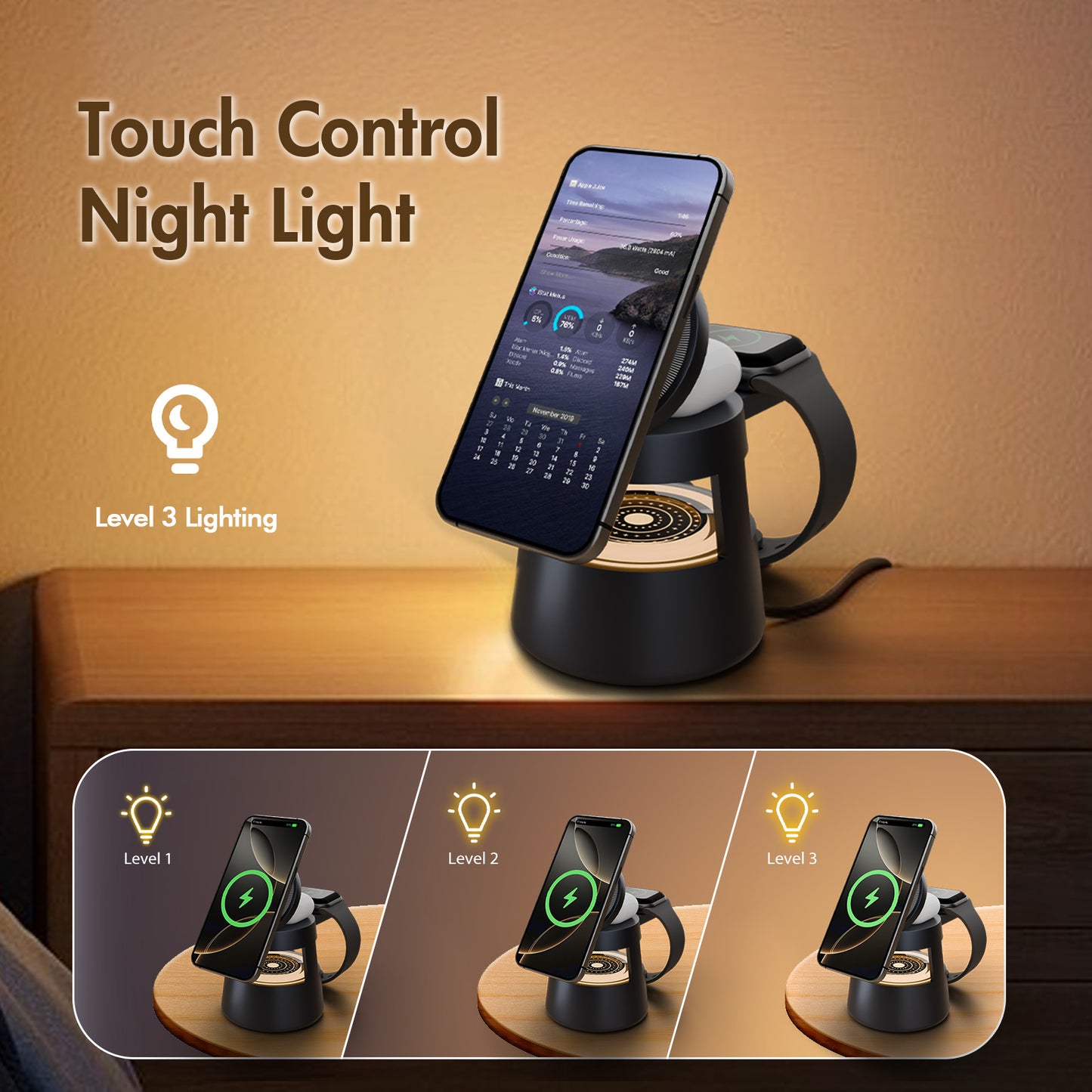 4 in 1 wireless charging station For iPhone AirPods iWatch, Wireless Charger with Mushroom Light for MagSafe Magnetic Charger, 22.5 W Travel Stand,Fast for Multiple Devices